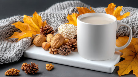A white coffee mug sits on a table with a pile of nuts and leaves. Concept of warmth and comfort, as the mug and nuts are often associated with cozy breakfasts or afternoon snacksの素材