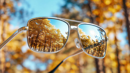 A pair of sunglasses with a reflection of trees in the lens. Concept of tranquility and relaxation, as the viewer is able to see the beauty of nature through the lens of the sunglassesの素材