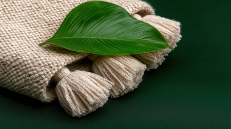 A green leaf is on top of a white towel. The towel is folded and has three tassels on itの素材