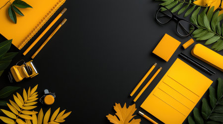 A black background with yellow items on it. The yellow items include a pencil, a pen, a notebook, and a pair of glasses. The background is decorated with leavesの素材