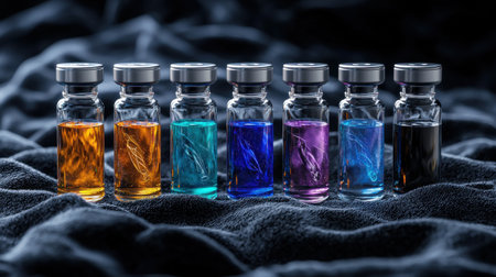 A row of colorful bottles with different colored liquids inside. The bottles are lined up next to each other on a black surfaceの素材