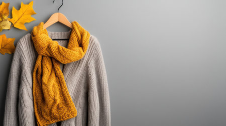 A sweater and scarf are hanging on a hanger. The sweater is gray and the scarf is yellow. The image has a cozy and warm feeling to itの素材