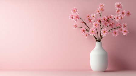 A white vase with pink flowers in it sits on a pink background. The vase is the main focus of the image, and the pink flowers add a pop of color and a sense of freshness to the sceneの素材