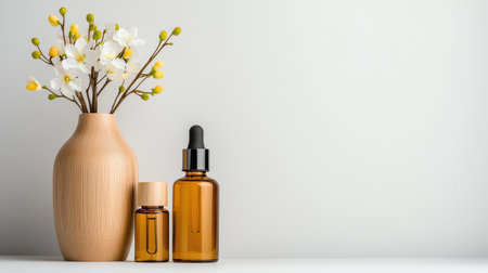 A vase with a yellow flower and two bottles of perfume on a white background. The vase and bottles are arranged in a way that creates a sense of harmony and balanceの素材