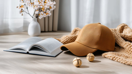 A hat and a book are on a table. The hat is brown and the book is openの素材