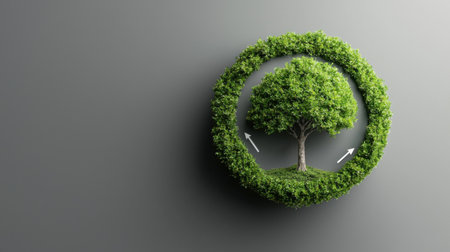 A tree is surrounded by green leaves and is placed in the center of a circle. The circle is surrounded by arrows pointing to the tree. Concept of growth and the importance of trees in our environmentの素材