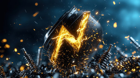 A black object with the letter N on it is surrounded by sparks and debris. The image has a dark and chaotic mood, with the flames and debris giving it a sense of destruction and dangerの素材