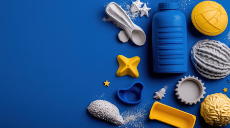 A blue background with various items on it, including a blue bottle, a yellow ball, and a spoonの素材