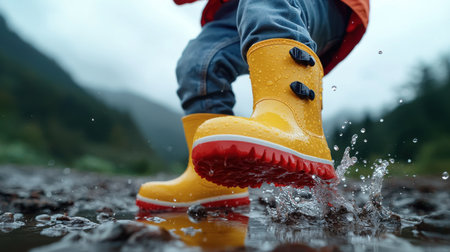 A child is playing in the rain wearing yellow rain boots. The boots are wet and the child is splashing waterの素材