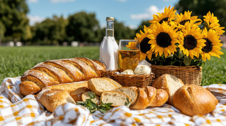 A basket of bread and a bottle of wine are laid out on a checkered blanket in a parkの素材
