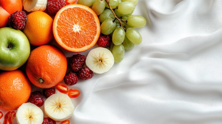 A white background with a variety of fruits including apples, oranges, and bananas. The fruits are arranged in a way that they look like they are on a tableの素材