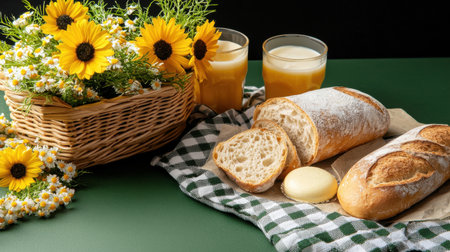 A basket of bread and butter is on a table with a vase of yellow flowers. The bread is cut into slices and the butter is placed on a plate. The tablecloth is green and whiteの素材