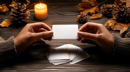 A person holding a white card with a candle in the background. The candle is lit and the person is holding the card in their handの素材