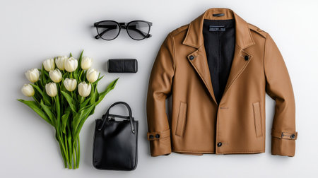 A young man's outfit is displayed on a table with a pair of glasses, a wallet, and a handbag. The outfit is brown and includes a jacket and a tie. The flowers in the foreground add a touch of eleganceの素材