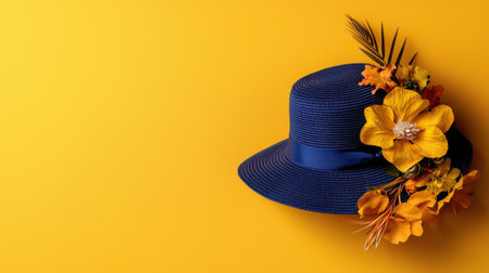 A blue hat with yellow flowers on it is on a yellow background. The hat is the main focus of the image, and the flowers add a touch of color and interest to the sceneの素材