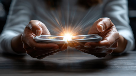 A woman is holding a cell phone in her hands, with the screen showing a bright light. Concept of wonder and curiosity, as the woman seems to be exploring the phone's features or contentの素材