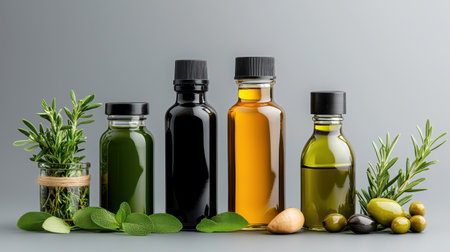 A row of four bottles of different colored oils, including olive oil, sit on a table with herbs and nutsの素材
