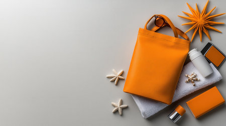 A bag with a star on it is on a table with other items. The bag is orange and the items on the table are related to beauty and personal careの素材