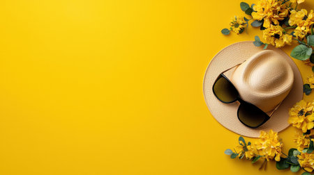 A yellow background with a straw hat and sunglasses on top of it.の素材
