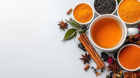 A white background with a variety of spices and a cup of tea. The spices include cinnamon, ginger, and clovesの素材