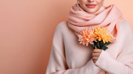 A woman wearing a pink sweater and holding a bouquet of flowers. The flowers are orange and yellowの素材