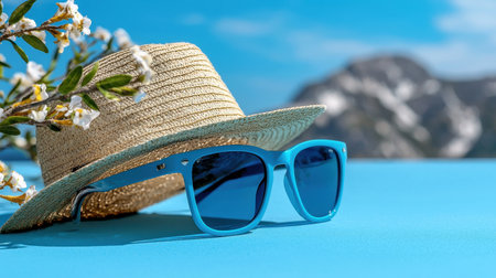 A blue pair of sunglasses and a straw hat are on a blue surface. The scene is bright and sunny, and the hatの素材