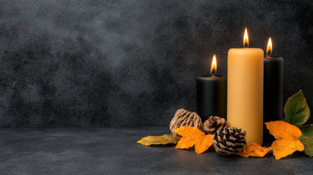 A black and yellow candle is lit on a dark background. The candles are arranged in a row, with the yellow candle in the middle and the black candles on either side. Concept of warmth and comfortの素材
