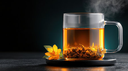 A mug of tea with a flower on top of it. The tea is steaming and the flower is yellowの素材