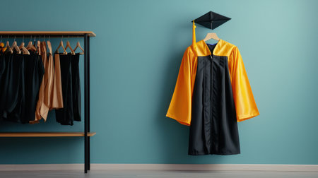 A graduation gown is hanging on a hanger in a closet. The gown is yellow and black, and it has a cap on top. Concept of accomplishment and prideの素材