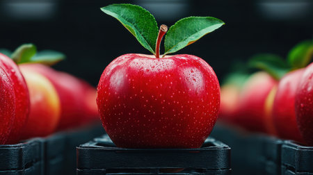 A red apple with a green leaf on top is the center of attention in a row of applesの素材