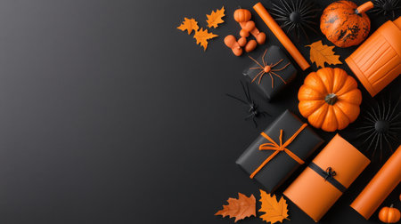 A black and orange background with Halloween decorations including pumpkins, boxes, and a spider. The decorations create a spooky and festive moodの素材
