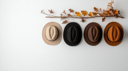 Four hats are hanging on a wall, with one hat being brown and the other three being tanの素材