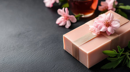 A box of soap with pink flowers on top of it. The box is on a dark surfaceの素材