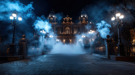 A foggy night with a large building in the background. The building is lit up with lights and smokeの素材