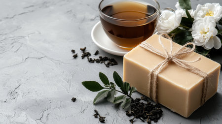 A bar of soap is placed on a table next to a cup of tea and some tea leaves. The soap is wrapped in a ribbon, giving it a gift-like appearanceの素材