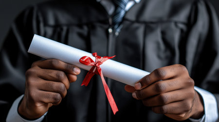 A person holding a graduation certificate with a red ribbon. Concept of accomplishment and pride in the graduate's achievementの素材