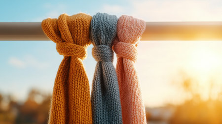Three colorful knitted scarves are hanging on a railing, with one being yellow, one blue, and one pink. The sun is shining brightly, casting a warm glow on the scene. The scarves are neatly tiedの素材