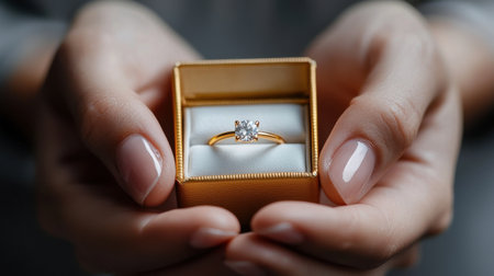 A woman is holding a gold and white diamond ring in a box. The ring is a symbol of love and commitmentの素材