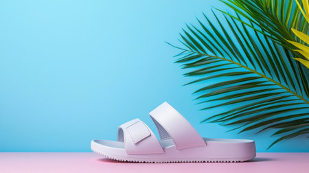 A white flip flop is on a blue background with a green leaf. The flip flop is the main focus of the image, and the leaf adds a natural touch to the scene. The blue background creates a calmingの素材