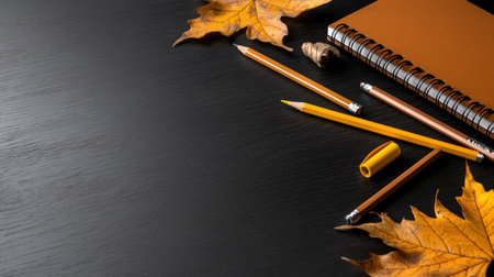 A black background with a notebook and pencils on it. The pencils are yellow and brownの素材