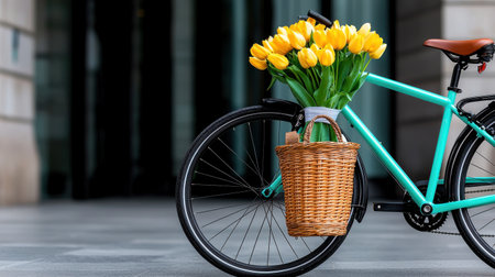 A bicycle with a basket full of yellow flowers on it. The basket is filled with tulipsの素材