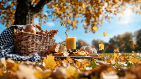 A basket of food and a glass of orange juice are on a blanket in a park. The basket contains bread, apples, and other food items. The scene is set in a park with a lot of leaves on the groundの素材
