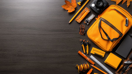 A yellow backpack with a bunch of school supplies on a wooden table. The backpack is the main focus of the image, but there are also several other items scattered around it, such as a rulerの素材