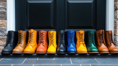 A row of colorful boots are lined up on a porch. The boots are of various colors, including black, brown, yellow, orange, and green. Concept of variety and diversity, as well as a casualの素材