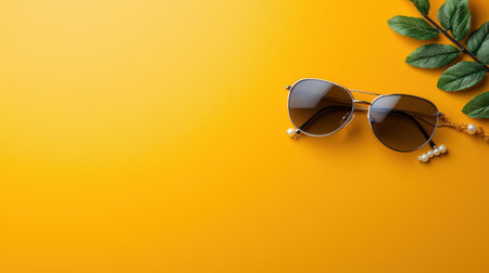 A pair of sunglasses is on a yellow background. The sunglasses are black and have a gold frameの素材