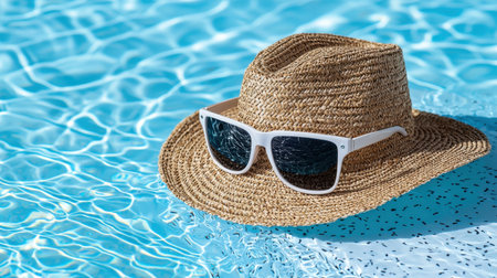 A straw hat with sunglasses sits in a pool of water. Concept of relaxation and leisure, as the hatの素材