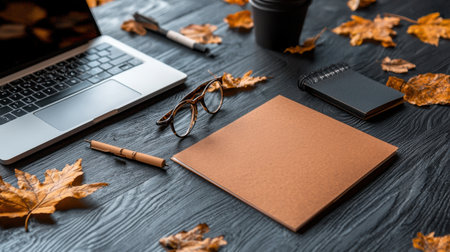 A laptop, a notebook, a pen, and a cup of coffee are on a wooden table. The notebook is empty, and the laptop is open. The scene suggests a work or study environment, with the laptopの素材