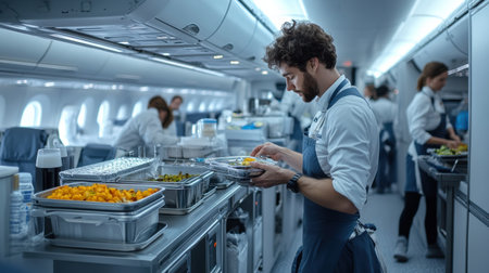 A man is serving food in a restaurant kitchen. There are several other people in the kitchen, including a woman in an apron. The atmosphere is busy and bustlingの素材