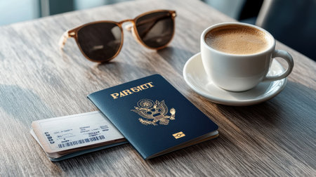 A passport and a cup of coffee sit on a table. The passport is blue and has the word passport on it. The cup of coffee is white and has a brown foam on topの素材
