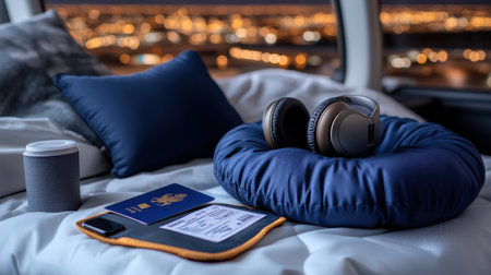 A blue pillow with a passport and headphones on it. The pillow is on a bedの素材